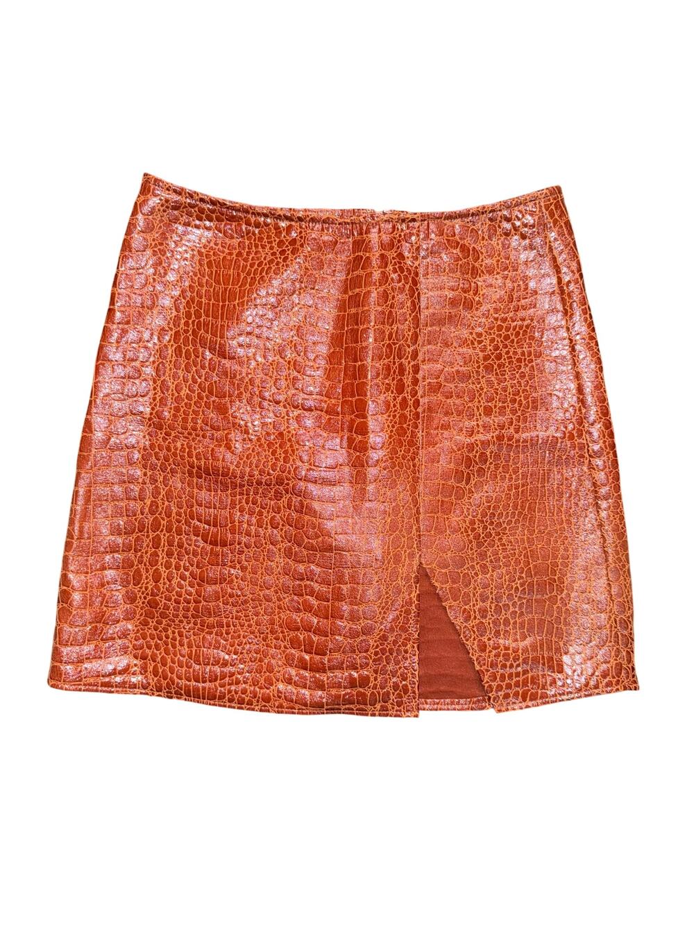 Motel Rocks Croc Embossed Faux Leather Mini Skirt Brown Slit Detail Medium